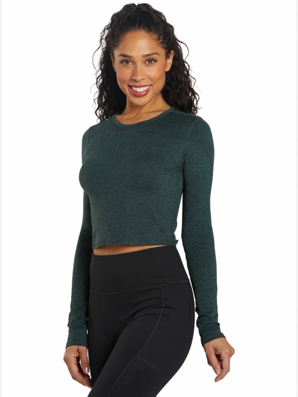 Girlfriend Collective Long Sleeve Cropped Crewneck Top in Dark Green